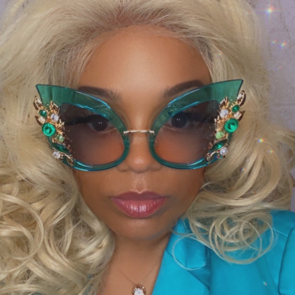 Blue cat eye butterfly rhinestone bling embellished sunglasses.